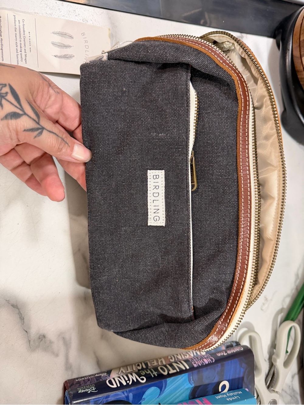 Charcoal Canvas Cosmetic Pouch with Brown Trim